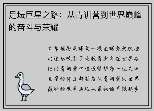 足坛巨星之路：从青训营到世界巅峰的奋斗与荣耀