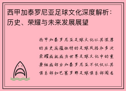 西甲加泰罗尼亚足球文化深度解析：历史、荣耀与未来发展展望