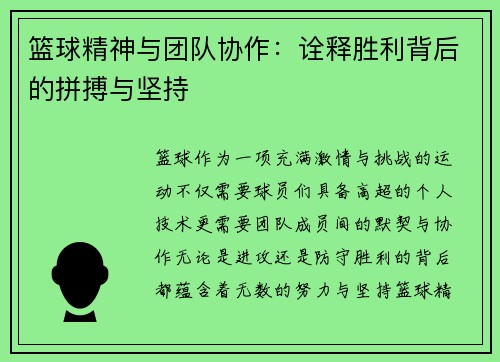 篮球精神与团队协作：诠释胜利背后的拼搏与坚持