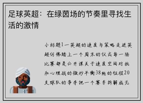 足球英超：在绿茵场的节奏里寻找生活的激情